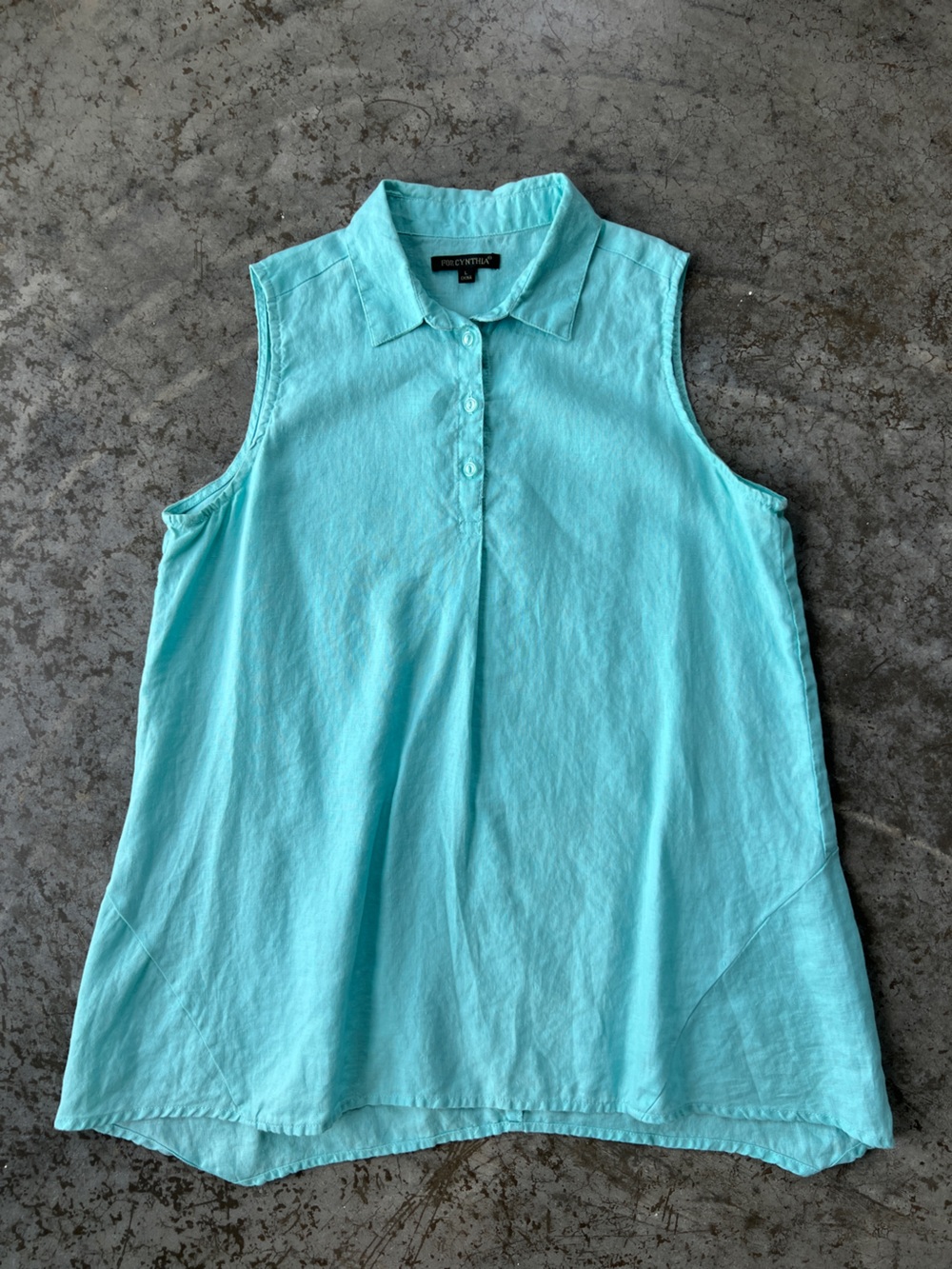For Cynthia Linen Sleeveless Button Up Top Turquoise Aqua Blue Women's Large
